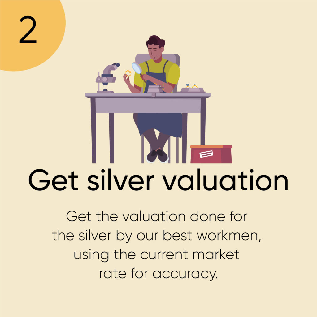Step 2: Get silver valuation. Image depicts a person seated at a desk using tools to inspect a piece of silver, with a yellow circular label at the top left showing the number 2. Text reads “Get the valuation done for the silver by our best workmen, using the current market rate for accuracy.